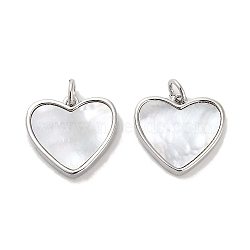 Brass Pave Shell Pendants, Heart Charms with Jump Ring, Platinum, 15x16.5x2.5mm, Hole: 3.5mm(KK-K365-08B-P)