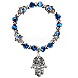 Lampwork Evil Eye & Glass Beaded Stretch Bracelet with Alloy Hamsa Hand Charm for Women, Blue, 7-1/2 inch(19cm)(RELI-PW0001-036C)