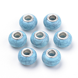 Imitation Turquoise Style Resin European Beads, Large Hole Beads, with Silver Color Plated Brass Double Cores, Rondelle, Sky Blue, 14x9.5mm, Hole: 5mm(X-OPDL-Q132-02)