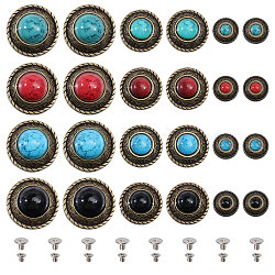 12 Style Alloy Craft Solid Screw Rivet, with Plastic Imitation Turquoise & Iron Screw, DIY Leather Craft Nail, Flat Round, Mixed Color, 12~25mm(BUTT-CA0001-18)