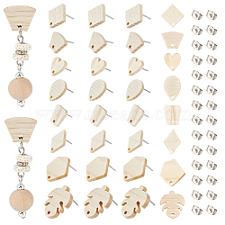32Pcs 8 Style Trapezoid & Rhombus & Teardrop & Heart & Leaf Ash Wood Stud Earring Findings, with 304 Stainless Steel Pin and 32Pcs Ear Nuts, Antique White, 12~20.5x11~17.5mm, Hole: 1.6~2mm, Pin: 0.7mm, 4Pcs/style(STAS-UN0047-21)