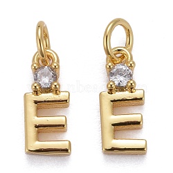 Brass Micro Pave Clear Cubic Zirconia Pendants, with Jump Rings, Real 18K Gold Plated, Long-Lasting Plated, Letter, Letter.E, 10x4x2mm(ZIRC-Z011-35E)