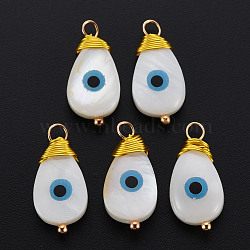 Freshwater Shell Pendants, with Golden Brass Findings, Teardrop with Evil Eye, Seashell Color, 19~20x9x4~5mm, Hole: 2.5mm(SHEL-S276-141)