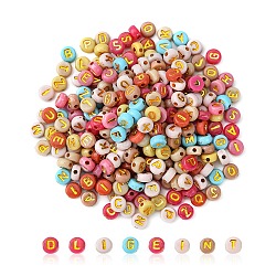 300pcs 2 Styles Opaque Mixed Color Acrylic Beads, Metal Enlaced, Flat Round with Letters, Golden Plated, 7x3.5~4mm, Hole: 1.5~1.8mm(MACR-YW0002-58A)