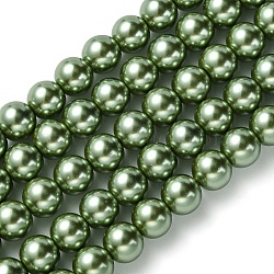 Eco-Friendly  Dyed Glass Pearl Round Bead Strands, Cotton Cord Threaded, Dark Olive Green, 8mm, Hole: 0.7~1.1mm, about 52pcs/strand, 15 inch(HY-A002-8mm-RB025)