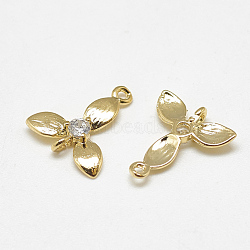 Brass Links connectors, with Cubic Zirconia, Leaf, Clear, Real 18K Gold Plated, 11x10x2mm, Hole: 1mm(KK-S347-079)
