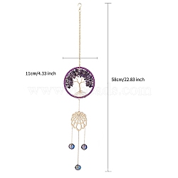 Tree of Life Natural Amethyste Chips Pendant Decorations, with Glass Beads, for Home Bedroom Hanging Decorations, Purple, 580mm(PW-WG18722-04)