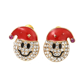 Christmas Alloy Crystal Rhinestone Stud Earrings for Women, with Brass Pins, Golden, Smiling Face, 15x13.5mm