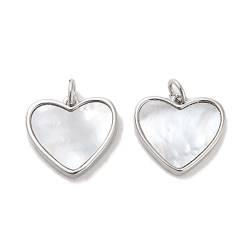 Brass Pave Shell Pendants, Heart Charms with Jump Ring, Platinum, 15x16.5x2.5mm, Hole: 3.5mm