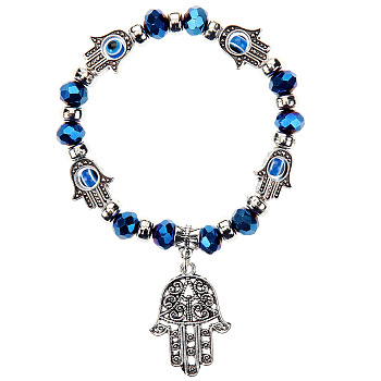 Lampwork Evil Eye & Glass Beaded Stretch Bracelet with Alloy Hamsa Hand Charm for Women, Blue, 7-1/2 inch(19cm)