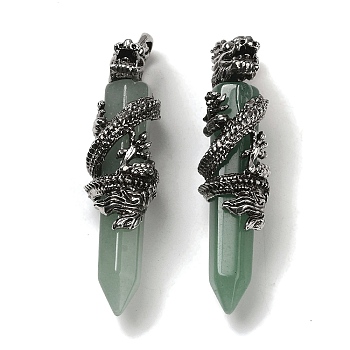 Natural Green Aventurine Pointed Big Pendants, Faceted Bullet Charms with Rack Plating Antique Silver Plated Alloy Gragon, Cadmium Free & Lead Free, 63~64x19~20x15.5mm, Hole: 7.5x6.5mm