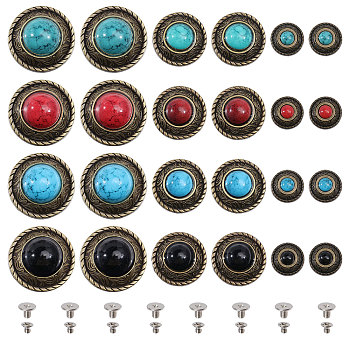 12 Style Alloy Craft Solid Screw Rivet, with Plastic Imitation Turquoise & Iron Screw, DIY Leather Craft Nail, Flat Round, Mixed Color, 12~25mm