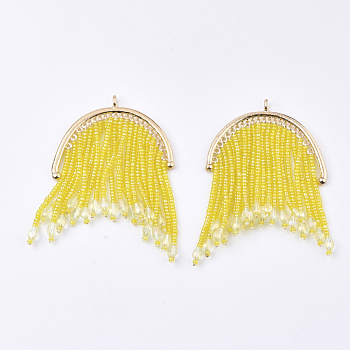 Tassel Big Pendants, with Glass Beads and Golden Plated Alloy Findings, Long-Lasting Plated, Yellow, 69~77x48mm, Hole: 2.5mm