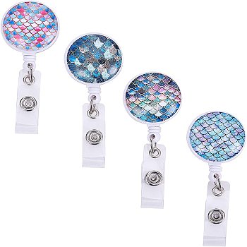Plastic Retractable Badge Reel, Card Holders, with Iron Findings, Flat Round with Mermaid Fish Scale Pattern, Mixed Color, 83.5x31.5x20.5mm, 1pc/color, 4pcs/set