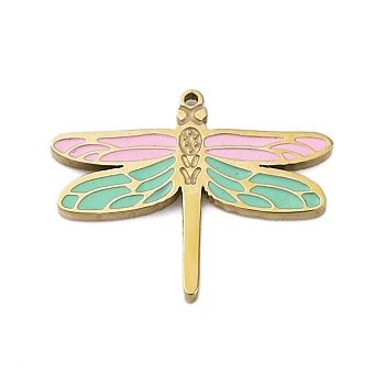 304 Stainless Steel Enamel Charms, Dragonfly Charm, Real 14K Gold Plated, Pink, 12x15x1mm, Hole: 0.7mm