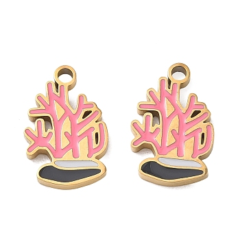 304 Stainless Steel Enamel Pendants, Ion Plating(IP), Golden, Coral Charms, 15x9.5x1.5mm, Hole: 1.5mm