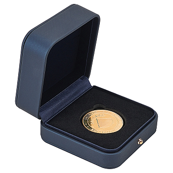 Imitation Leather Storage Box with Velvet Inside, for Commemorative Coin, Square, Prussian Blue, 90x90x47mm, Inner Diameter: 45mm