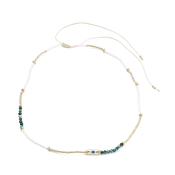 Adjustable Miyuki Seed & Natural African Turquoise & Brass Evil Eye Beaded Necklaces, Teal, 26.46 inch(67.2cm)