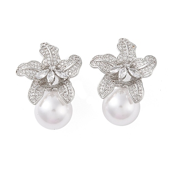 Brass with Resin Imitation Pearl Stud Earrings, with Micro Pave Cubic Zirconia Flower, Platinum, 36.5x17.5mm
