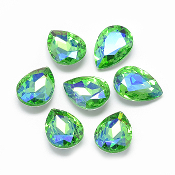 Pointed Back Glass Rhinestone Cabochons, Back Plated, Faceted, AB Color Plated, teardrop, Light Green, 14x10x5mm