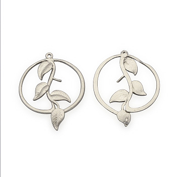 Brass Pendants, Ring with Leaf, Matte Platinum, 29x21x3mm, Hole: 1mm