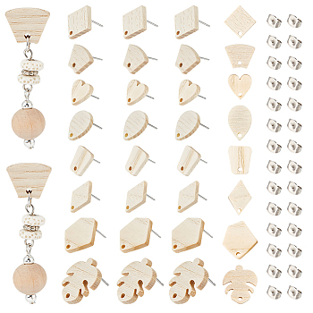 32Pcs 8 Style Trapezoid & Rhombus & Teardrop & Heart & Leaf Ash Wood Stud Earring Findings, with 304 Stainless Steel Pin and 32Pcs Ear Nuts, Antique White, 12~20.5x11~17.5mm, Hole: 1.6~2mm, Pin: 0.7mm, 4Pcs/style