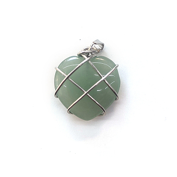 Natural Green Aventurine Copper Wire Wrapped Pendants, Heart Charms, Silver Color, 20mm