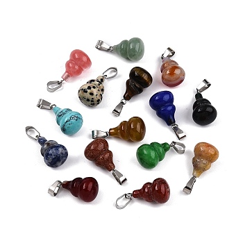 Natural & Synthetic Mixed Stone Gourd Pendants, Mixed Dyed & Undyed, with 201 Stainless Steel Snap on Bails, Stainless Steel Color, 21~23.5x13~14mm, Hole: 7.5x4mm