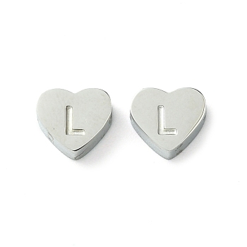 316 Surgical Stainless Steel Beads, Love Heart with Letter Bead, Stainless Steel Color, Letter L, 5.5x6.5x2.5mm, Hole: 1.4mm