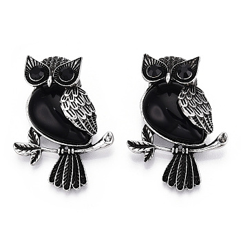 Alloy with Black Glass Pendants, Owl Charms, Antique Silver, 47x34x19mm, Hole: 8x9.5mm