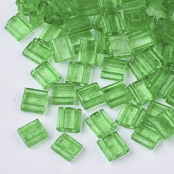 2-Hole Baking Painted Transparent Glass Seed Beads, Rectangle, Lime Green, 5x4.5~5.5x2~2.5mm, Hole: 0.5~0.8mm