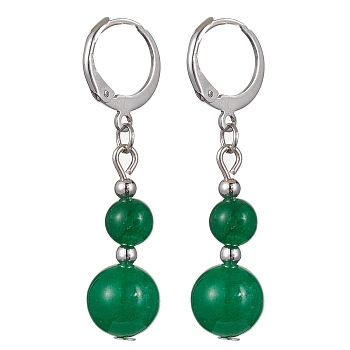 Round Natural Malaysia Jade Dangle Earrings, 304 Stainless Steel Leverback Earring for Women, 40~41x10~10.5mm
