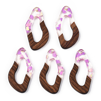 Transparent Resin & Walnut Wood Pendants, Teardrop Charms with Heart Paillettes, Violet, 38.5x20x3.5mm, Hole: 2mm