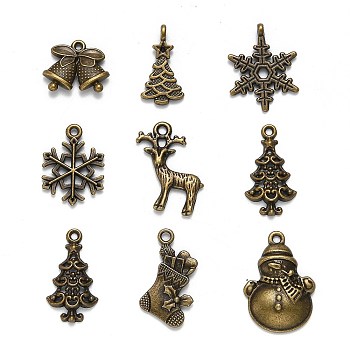 Christmas Mixed Style Tibetan Style Alloy Pendants, Antique Bronze, 19~30x13~22x1.5~4mm, Hole: 2mm, about 40pcs/100g