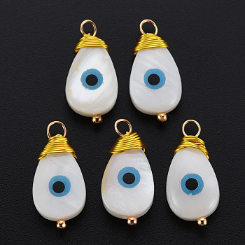 Freshwater Shell Pendants, with Golden Brass Findings, Teardrop with Evil Eye, Seashell Color, 19~20x9x4~5mm, Hole: 2.5mm