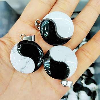 Natural Obsidian & Howlite Pendants, Yin-yang Charms with Platinum Tone Alloy Snap on Bails, 29x25x8mm, Hole: 6x3mm