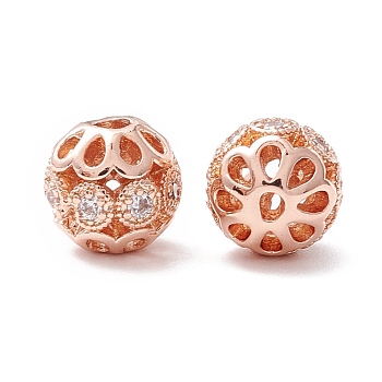 Rack Plating Brass Micro Pave Clear Cubic Zirconia Beads, Long-Lasting Plated, Round with Flower, Rose Gold, 8mm, Hole: 1.4mm