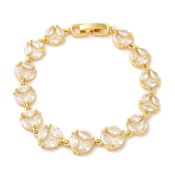 Clear Cubic Zirconia Flat Round Link Chain Bracelet, Brass Bracelet, Lead Free & Cadmium Free, Real 18K Gold Plated, 7-1/8 inch(18cm)