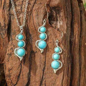 Bohemian Style Alloy & Synthetic Turquoise Pendant Necklaces & Dangle Earrings Sets, Antique Silver, Snake, 47x13mm