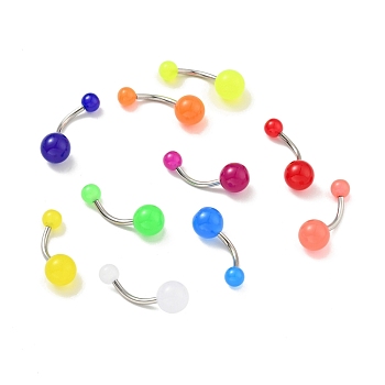 10Pcs Luminous Acrylic Round Beaded Curved Barbell, 304 Stainless Steel Glow In The Dark Piercing Navel Ring for Women, Mixed Color, 24x8mm, Pin: 1.6mm