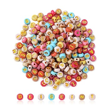 300pcs 2 Styles Opaque Mixed Color Acrylic Beads, Metal Enlaced, Flat Round with Letters, Golden Plated, 7x3.5~4mm, Hole: 1.5~1.8mm