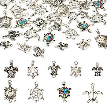 Pandahall DIY Hollow Tortoise Jewelry Making Finding Kit, Including 36Pcs 9 Styles Alloy Pendants & Connector Charms, Antique Silver, 16~31x13~29x3~3.5mm, Hole: 1~2.5mm, 4Pcs/style
