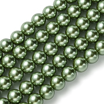 Eco-Friendly  Dyed Glass Pearl Round Bead Strands, Cotton Cord Threaded, Dark Olive Green, 8mm, Hole: 0.7~1.1mm, about 52pcs/strand, 15 inch