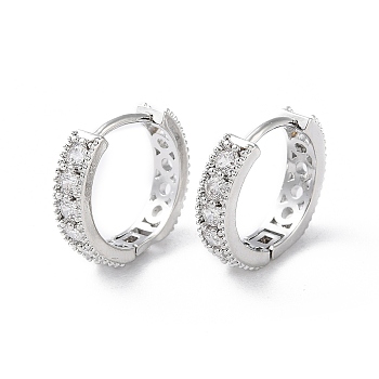 Brass Micro Pave Cubic Zirconia Hoop Earrings, Ring, Real Platinum Plated, 12x3mm