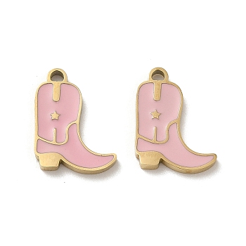 Ion Plating(IP) 316L Surgical Stainless Steel Charms, with Enamel, Real 18K Gold Plated, Boot with Star Charm, Pink, 12x9.5x1.5mm, Hole: 1.2mm