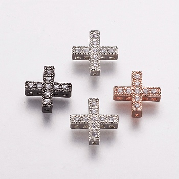Brass Micro Pave Cubic Zirconia Pendants, Multi-strand Links, Cross, Mixed Color, 10x10x3mm, Hole: 0.5mm