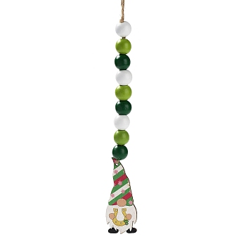 Saint Patrick's Day Wood Gnome Pendant Decoration, with Wood Beaded Jute Cord Hanging Decoration, Horseshoe, 288mm, pendant: 74x30x2.5mm