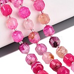 Natural Agate Beads Strands, Faceted, with Seed Beads, Dyed, Round, Hot Pink, 10.5x9.5mm, Hole: 1.2mm, about 31~32pcs/strand, 14.96 inch(38cm)(G-T131-82B-08)