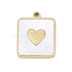 Natural White Shell Pendants, 303 Stainless Steel Squar with Heart Charms, Ion Plating(IP), Golden, 17x14x2mm, Hole: 1.5mm(STAS-K325-03G)