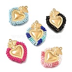 304 Stainless Steel Pendants, with Glass Seed Beads, Sacred Heart Charms, Ion Plating(IP), Golden, Mixed Color, 38x29x5.5mm, Hole: 2mm(STAS-E549-04G)